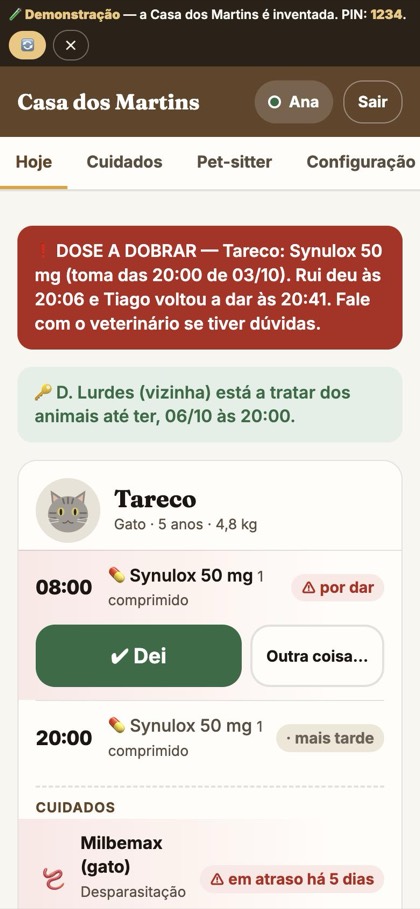 O ecrã Hoje com o cartão do Tareco e o botão Dei