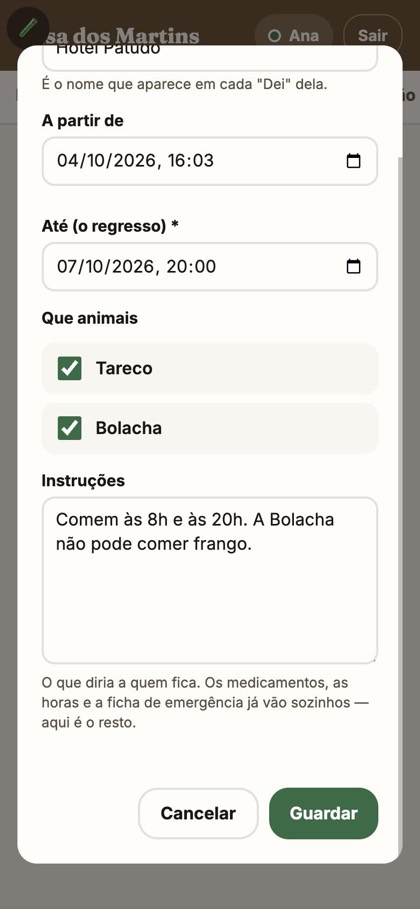 O formulário Nova ligação de pet-sitter