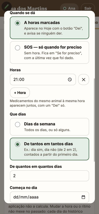 O formulário de um medicamento, com horas marcadas e de tantos em tantos dias