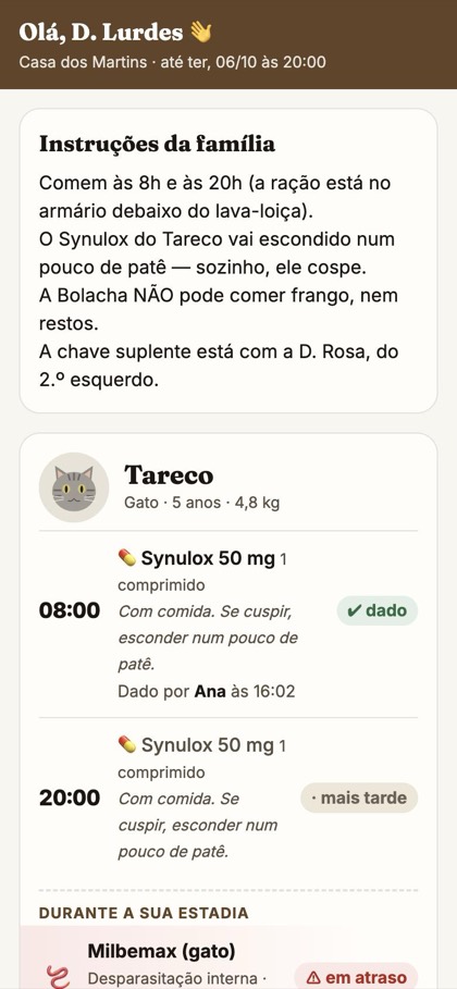 A página da pet-sitter com as instruções e as tomas