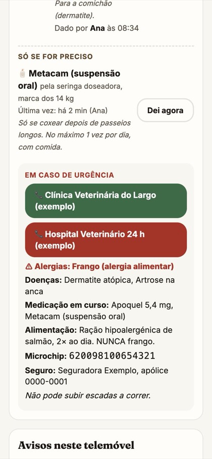 O bloco Em caso de urgência, com os telefones e as alergias