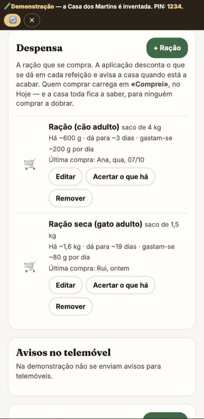 A Despensa na Configuração, com quanto há e quanto se gasta por dia