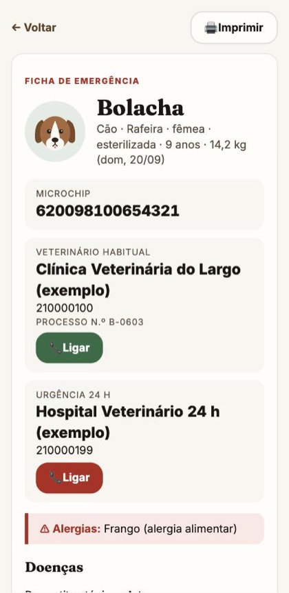 A ficha de emergência da Bolacha, com o microchip, o veterinário e as alergias no topo