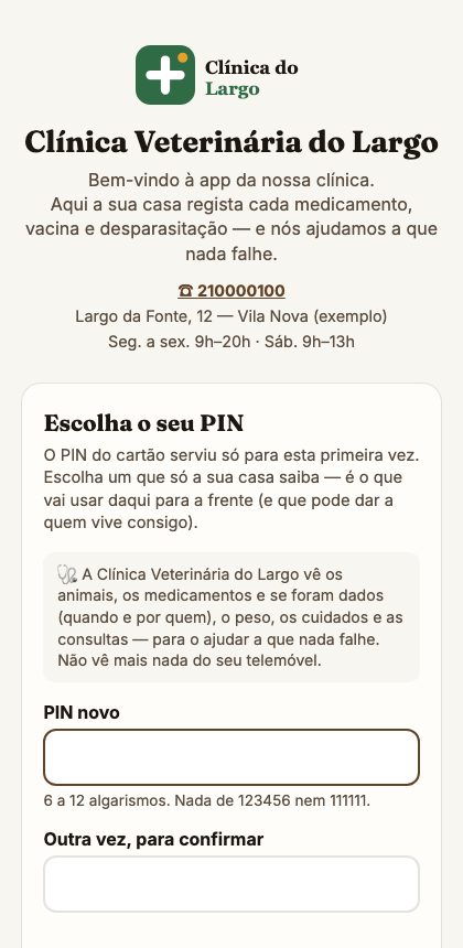 O passo Escolha o seu PIN, com o aviso do que a clínica vê