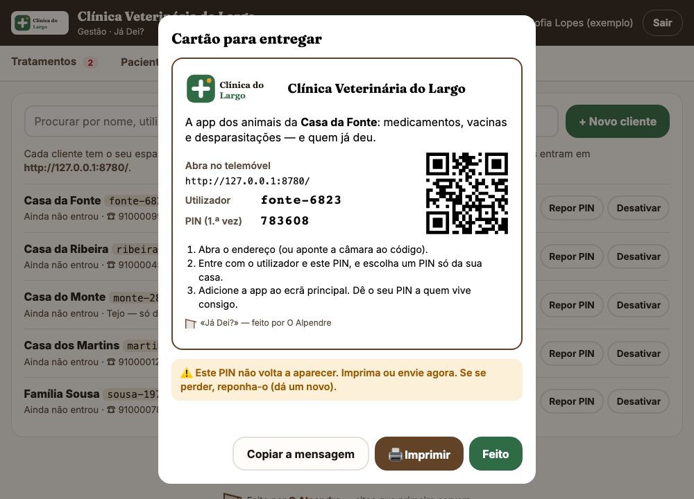 O cartão para entregar ao dono, com o QR, o utilizador e o PIN