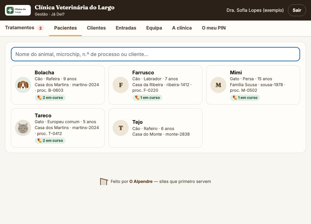 O separador Pacientes, com os animais de todos os clientes