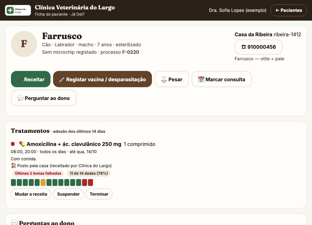 A ficha do Farrusco, com os botões e o antibiótico a vermelho