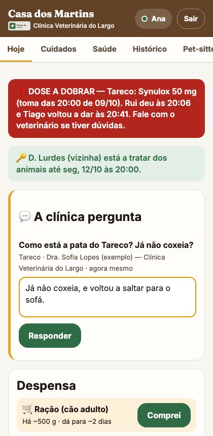 O ecrã Hoje com uma pergunta da clínica e a caixa para responder